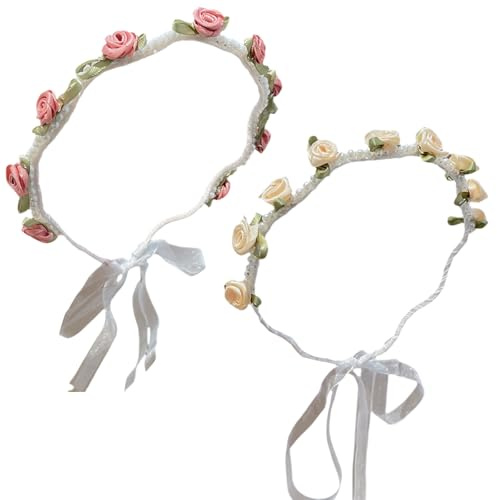 UJBVCX 2 Piezas Diadema de Flores, Diadema Flores, Corona de Flore, Guirnalda Floral para Fiesta Boda Carnaval Playa (Rosa Beige)