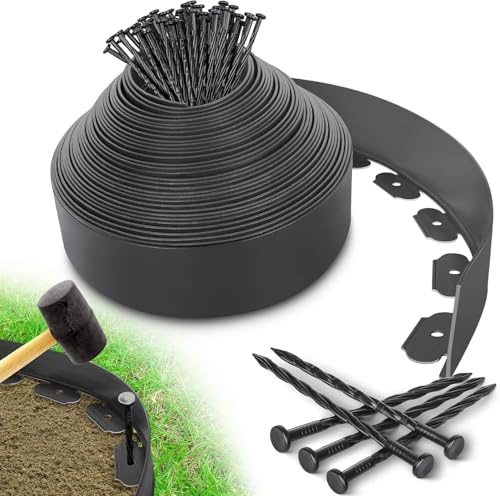 Omdekor Borde Jardín Césped Borde Flexible de PVC, Longitud 10m Altura 10cm, con 50 Clavijas, Delimitadores de Bordes para Jardín, Bordura Exterior para Tierra, Parterres, Senderos y Huerto