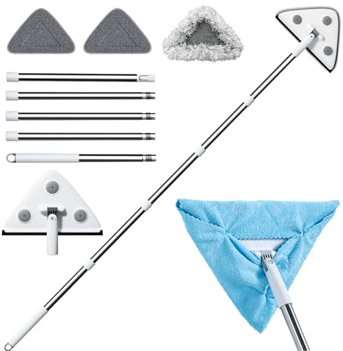 CTIME Limpiador de ventanas profesional 3 en 1 con cabezal triangular giratorio 360° y mango telescópico (200 cm) – Limpiacristales y limpiacristales de pared, incluye soportes universales y 3 paños