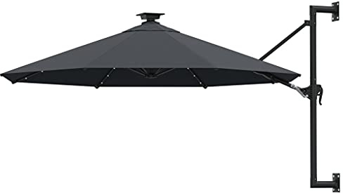 Ombrellone da parete con LED, 300 cm, antracite, ombrellone da giardino inclinabile, in tessuto solare resistente ai raggi UV, meccanismo a manovella, tenda da sole e balcone
