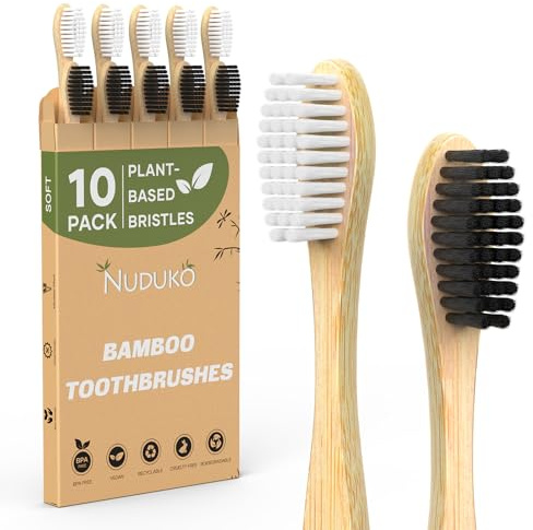 NUDUKO Bamboo Toothbrushes Travel Toothbrush 10 Pack - BPA Free Plant-Based Soft Bristle Toothbrush, Eco-Friendly, Natural Wooden Tooth Brush, Biodegradable Soft Toothbrushes for Adults