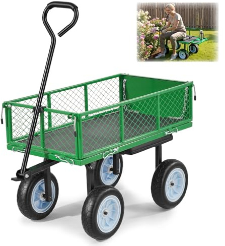 VEVOR Carro de Jardín con Ruedas, Carro de Mano Capacidad Máxima 226 kg, Acero Reforzado con Neumáticos, Asiento, Asa Ajustable, Paneles Desmontables para Transporte de Carga Pesada Exterior, Verde