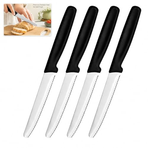 QLK Set di 4 Coltelli da Colazione, Coltelli per Pane di Alta Qualità, Coltelli Affilati con Lama Seghettata in Acciaio Inox, Manico in Plastica, Coltello per Pomodori, Set di Coltelli Nero