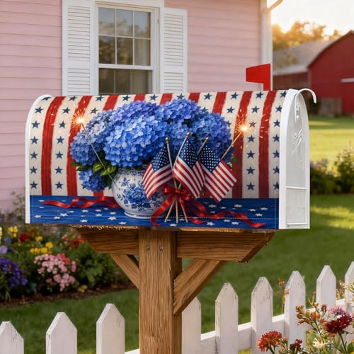 Hydrangea - Coperture magnetiche per cassette postali, bandiere patriottiche rustiche americane, vaso blu del 4 luglio, copertura per cassetta della posta per decorazione del prato, 53 x 64 cm