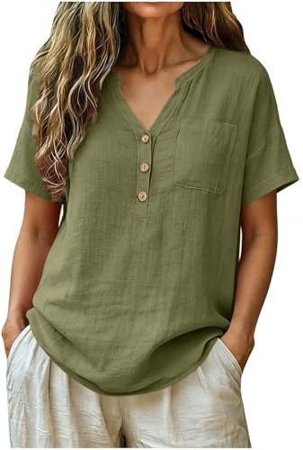 RLEHJN Chemisiers et Blouses Femme Chemise en Coton Lin Manche Courte Haut Col en V avec Bouton et Poche Chemisier D'Été Élégant pour Femme T-Shirt Été Léger et Respirant Tunique Ample Casual Blouse