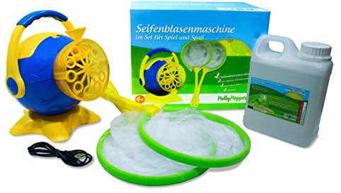 HOLLYHOPPER® Seifenblasenmaschinen Set für Kinder inkl. 1L Qualitäts-Seifenblasenflüssigkeit und 2 Kescher | Betrieb über Batterie oder USB Anschluss