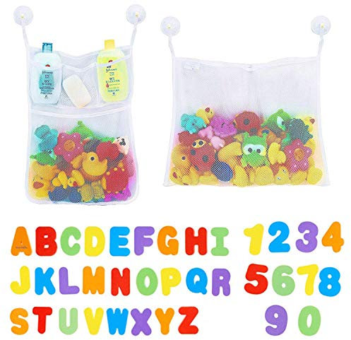 2 x Mesh Baby Bath Toy Storage + 36 Bath Toys Letters and Numbers - Toddlers Large Toy Organiser Net Bag for Baby Boys & Girls and Shower Caddy Bonuses: 6 Ultra Strong Suction Hooks (White)
