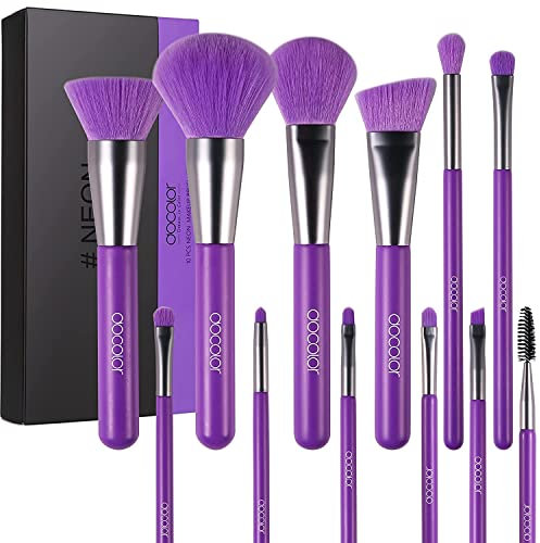 docolor Makeup Brushes 10Pcs Makeup Brush Set Premium Synthetic Wood Handle Make Up Brushes for Powder Kabuki Foundation Contour Concealer Eye Shadow Blending Liner，Neon Purple