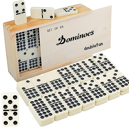 Doublefan Dominoes Set for Adults, Classical Board Games Double 9 Dominos Game Set with Spinner 55 Tiles with Brown Wood Case (2-7 Players) (55 PCS)