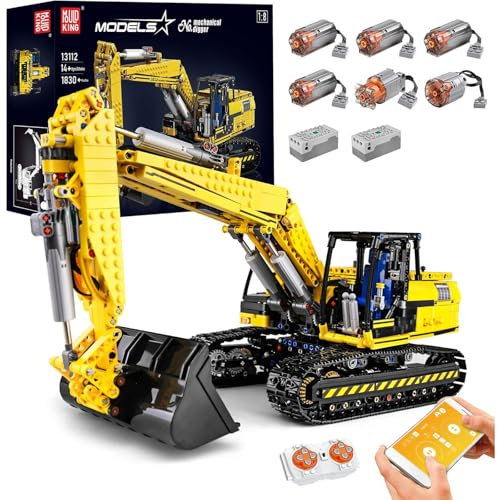 Mould King 13112 Technologie Ferngesteuert Bagger Bausatz, 1830 Klemmbausteine APP 4CH Raupenbagger Ingenieurfahrzeug Modell mit Motoren und Fernbedienung Kompatibel mit Mechanischer Bagger