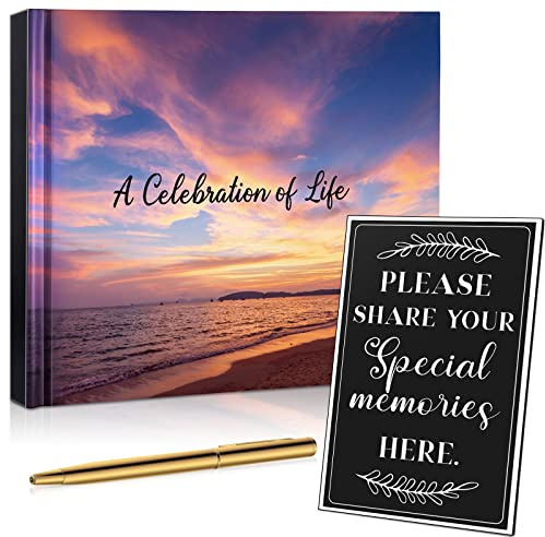 124 Pages Funeral Guest Book Celebration of Life Guest Book for Memorial Service Hardcover Guest Book, in Loving Memory Golden Pen and Memory Table Card Sign Included, Set of 3 Pieces(Elegant Style)