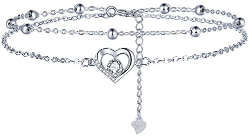 Lydreewam Herz Fußkettchen Silber 925 für Damen Doppel Fußkette mit Kugeln und Zirkonia Sommer Barfuß Strand Fusskette, verstellbare 22+4cm