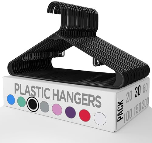 Utopia Home 30-Pack Premium Plastic Clothes Hangers with Built-In Hooks – Durable Heavy-Duty Slim Space-Saving Black Hanger Set for Shirts, Coats, Blouses, Skirts