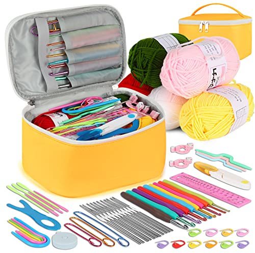 Coopay Häkelset für Anfänger Erwachsene, 58 Stück Häkelnadel Set Inklusive TPR Griff Häkelnadeln, Spitze Häkelnadel, Wolle und Häkelzubehör, Komplettes Häkelnadelset mit Tasche, Gelb