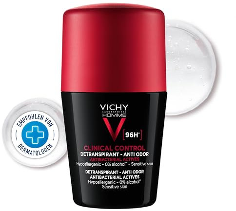 Vichy Homme Clinical Control 96h Männer, Deo-Roll-on für Männer, Schweiß- und geruchshemmend, Antibakteriell, Alkoholfrei, Für empfindliche Haut, 50 ml