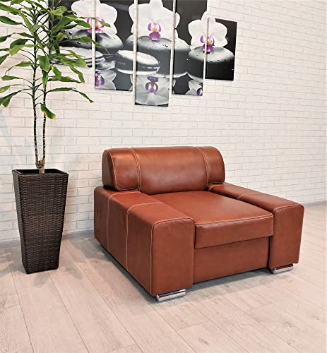 Quattro Meble Echtleder Sessel London Leder Rindsleder Wohnzimmer Fernsehsessel Hotel Loungesessel Leder Antique Tabac mit Ziernähten, Tabac Braun, 105 cm