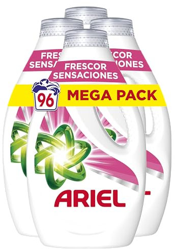 Ariel Detergente Lavadora Liquido, 96 Lavados, Jabon Frescor Sensaciones, Limpieza Mejorada en Ciclos Mas Frios con la Exclusiva Tecnologia de limpieza en Frio, 24 Lavados (Paquete de 4)