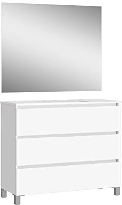 Baikal, Conjunto de baño Natura. Mueble de Baño de Fondo Reducido, con Lavabo cerámico. Distribución Tres Cajones. Mueble MONTADO. Tres Cajones con Espejo. Fondo 39cm 90 cm Blanco