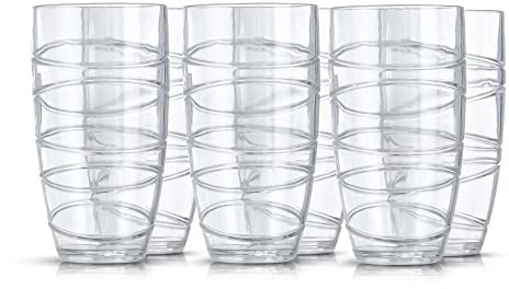 LIVIVO Set of 6 Hi Ball Plastic Acrylic Drink Tumblers with Swirl Design - Stackable Glasses for Picnics, BBQ’s, Poolside, Camping, Children’s Parties or Just Everyday Use (Set of 6, Transparent)