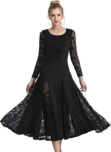 JENETY Abito da Ballo per Donne - Gonna Lunga in Pizzo per Valzer e Tango - Costume da Competizione (L, Nero)