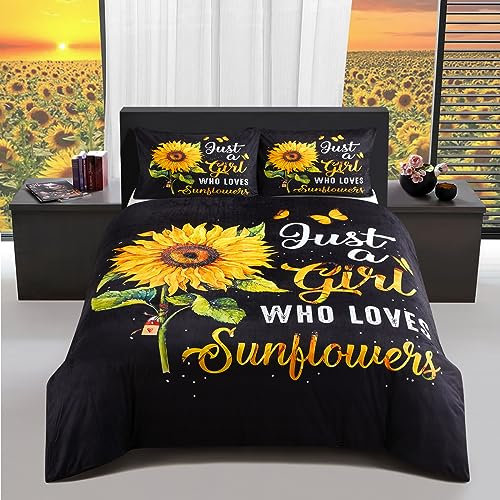 YUTNSAN Winter Bed Linen 135 x 200 cm Coral Fleece Yellow Sunflower Pattern Fluffy Duvet Cover Flannel Cashmere Touch Black Bedding Set with Pillowcase 80 x 80 cm