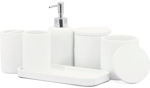ZCCZ White Bathroom Accessory Set 6 Pieces - Organiser With Toothbrush Holder, Lotion Soap Dispenser, Vanity Tray and 2 Qtip Holders - Modern Decor Accessories