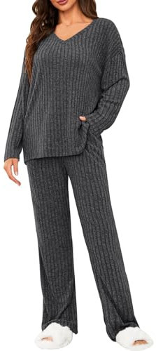 Tuopuda Tvådelad dam loungeset rund hals enfärgad loungewear ribbad skjorta topp långärmad med byxor 2-delad hemmadräkt joggingdräkt sportbyxor sovkläder fritid outfit, svart, L