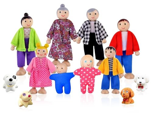 Riisoyu 12 Stück Puppenhaus Puppenfamilie Set, Holz Puppenhaus Puppen Spielset Biegepuppen Kinder Spiel Haus Puppenhaus Zubehör Spielzeug Geschenk