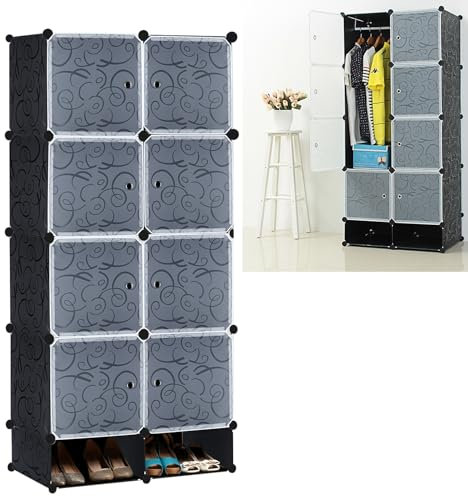 TANTEAR Kleiderschrank Schuhregal aus Kunststoff, Regalsystem Kombischrank mit Türen, Garderobenschrank Tragbarer Faltschrank, für Spielzeug Kleidung, 8 Würfel