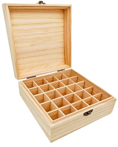 Anktily Scatola portaoggetti in legno non verniciata con 25 scomparti, 18,5 x 18,5 x 8,5 cm, scatola in legno non verniciata con chiusura, per piccoli ricordi, gioielli, portabuste da tè
