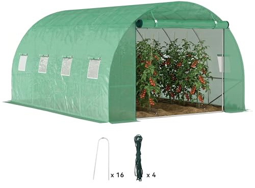 Invernadero Outsunny Aprox. 4 x 3 x 2 m Invernadero de lámina con 8 Ventanas, Puerta Enrollable, Paredes Laterales enrollables, túnel de lámina Resistente a los Rayos UV, Invernadero para Tomates con