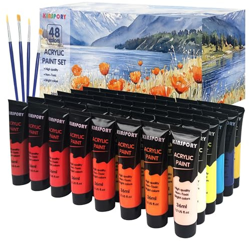 KINSPORY Acrylic Paint Set 48 x 36 ml with 4 Brushes - Water-Resistant, Assorted Colors for Beginners, Artists, Kids - Multi-Surface Art Supplies for Canvas, Wood, Rocks