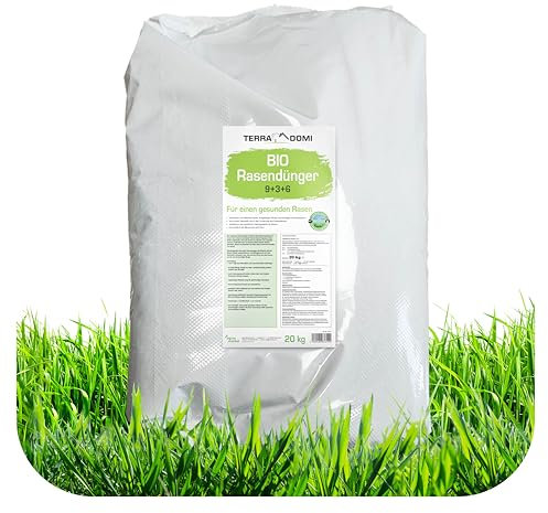 TerraDomi Bio Rasendünger Frühjahr & Sommer 20kg für 400m² | Für sattgrünen, dichten Rasen mit bis zu 6 Monaten Langzeitkraft | NPK Dünger 9+3+6
