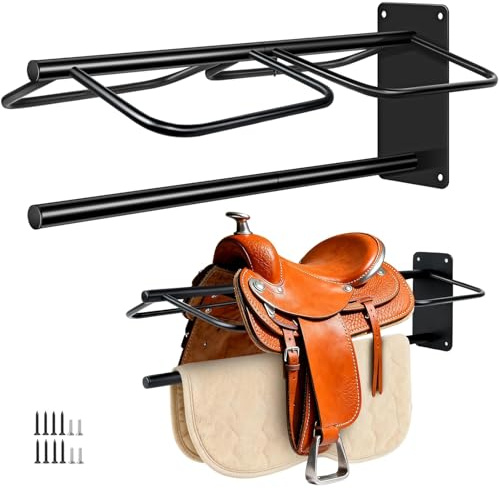 Zwinz 2 Pack Saddle Rack with Pad Bar, Heavy Duty Wall Mounted Saddle Holder for Western & English Saddles, Carbon Steel Rack for Horse Blankets & Tack