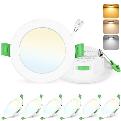 GeyouLux Pack 6 Downlight LED Techo Empotrable, 8W IP44 Ultrafino Spot Encastrable Corte 75-90mm, 2700K/4000K/6500K Focos LED Interior Techo, Blanco Regulable 10-100% Ojos de Buey LED
