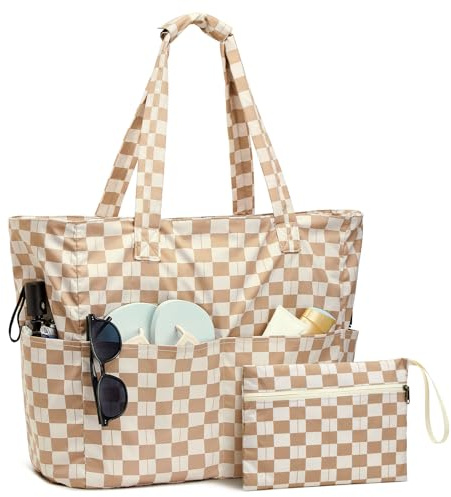 G4Free Beach Bag Waterproof Sandproof, Large Foldable Beach Tote with Zipper for Women, Pool Travel Swim Grocery Tote Bags, Brown Checkered