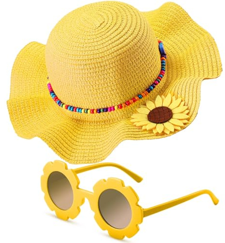 Gorro Playa Niña, Sombrero Paja Niños, Gafas Sol Niña, Sombrero de Playa Niños con Gafas de Sol Margaritas, Gafa de Sols de Flores para Viajes, Vacaciones, Playas, Picnics