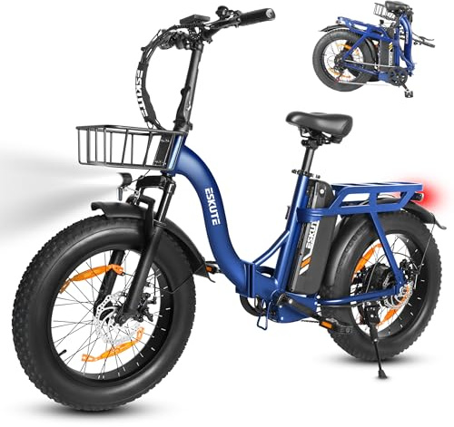 ESKUTE Bicicleta Eléctrica Plegable para Adultos D202 Pro, Fat Bike 20×4.0 con Cesta Delantera, Batería Extraíble 48V 20,8Ah, Motor 250W, hasta 100KM