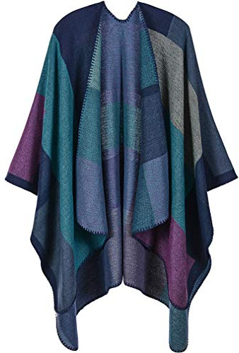 Lifetooler Poncho pour femme Cardigan à devant ouvert Cape réversible d'hiver Cape imprimée surdimensionnée Couverture en tartan tricoté à carreaux Châle à motifs géométriques de Bohème (carré-violet)