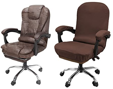 NeColorLife Stretchable Office Chair Cover with Armrest Covers – High-Back Desk Chair Slipcover, Checked Jacquard Fabric, Washable (Large Size, Coffee)