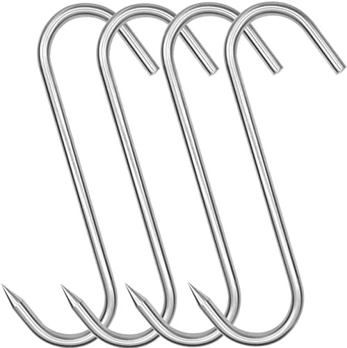Grizef 8 Inch S-Hook Meat Hooks Heavy Duty Stainless Steel Meat Processing Butcher Hook Hanging Drying BBQ Grill Cooking Metal Meat Hooks for Butcher, Farmer, Hunter（4 Pack-8MM）(8INCH-8MM)