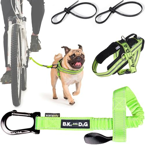 BIKE AND DOG - Dog leash and dog harness for bicycle, harness with side rings, includes 2 bicycle straps. Patented. (Yellow, Leash-harness S)