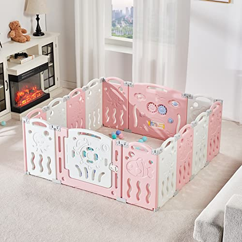 Albott Baby Playpen, Upgraded 14 Panels Foldable Baby Fence with Game Panel and Safety Gate, Adjustable Shape, Portable Play Yards for Children Toddlers Indoors or Outdoors (Pink+White,14 Panel)