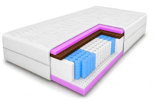 MARPUR Matelas Comfort à ressorts ensachés 7 zones 80 x 200 cm Matelas en latex et coco Dureté H3/H4 Hauteur env. 20 cm Couleur : blanc Avec housse