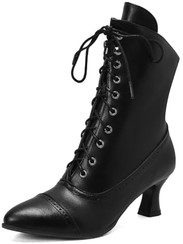 Carkuolary Womens Vintage Lacets Calf Length Victorian Bottes Cuir Souple Louis XV Steampunk gothique Bottes pour femme Filles Dames Noir Taille 46