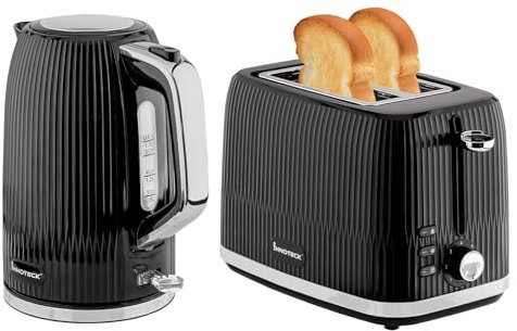 Innoteck Kitchen Pro 1.7L Electric Kettle & Toaster Set - Black Ridged Textured & Stainless-Steel Body - Toaster with Defrost, Reheat & Cancel Functions - Hot Water Boiler with Auto Shut-Off Functions