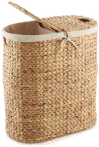 Casafield Oval Laundry Hamper with Lids and Removable Liner Bags - Natural, Woven Water Hyacinth 2-Section Laundry Basket Sorter for Clothes and Towels