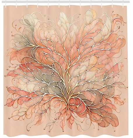 ABAKUHAUS Pfirsich Duschvorhang, Wasserfarben Look Skalen und blättriger Blick auf abstrakte Äste zarte Farben, Stoffliches Gewebe mit Haken, 175 x 200 cm, Lachs Blasses Salbeigrün