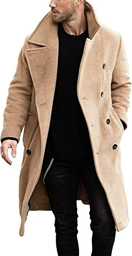 Runcati Manteau pour homme coupe régulière Trench-coat long à revers double boutonnage laine veste d'affaires d'hiver Caban, beige, XL