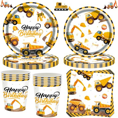 OMZSXK 50 pezzi di stoviglie da cantiere per 10 ospiti, piatti da cantiere per feste di compleanno, piatti di carta per escavatori, tovaglioli per la decorazione della festa di compleanno dei bambini